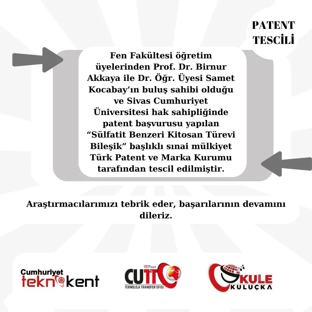 Sülfatit Benzeri Kitosan Türevi Bileşik başlıklı sınai mülkiyet Türk Patent ve Marka Kurumu tarafından tescil edilmiştir.